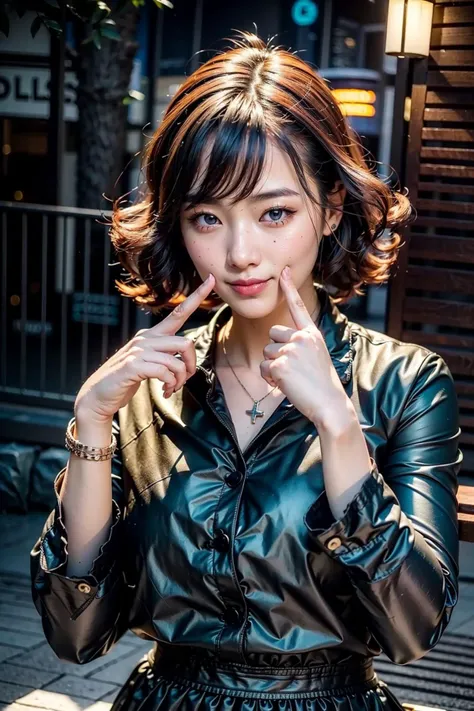 (realistic:1.3), finely detailed, quality, rembrandt lighting, (masterpiece:1.2), (photorealistic:1.2), (best quality), (detailed skin:1.3), (intricate details), dramatic, ray tracing, 1girl, japanese girl, 21 years old, detailed skin texture, (blush:0.5), (goosebumps:0.5), subsurface scattering, smiling, medium breasts, short hair curls, bangs, hair between eyes, shirt, skirt, (fingersmile, finger to mouth:1.4), portrait shot, (bright sunny day),  <lora:fingersmile_v1.6:0.9>