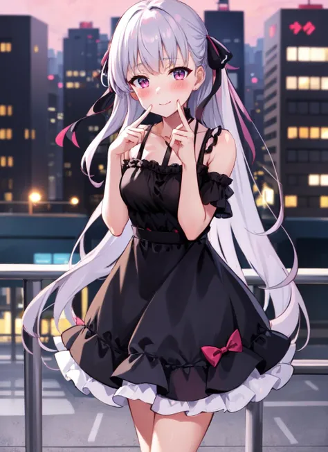 best quality, fingersmile, finger to mouth,  1girl, outdoors, long frilled dress, ribbon, medium breasts, cityscape, depth of field, prominent blush,    <lora:fingersmile_v1.6:0.9>