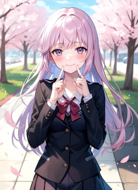 fingersmile, finger to mouth, volumetric lighting, 1girl, long hair, windy,  blush, black school uniform, cherry blossoms, falling petals,outdoors, <lora:fingersmile_v1.6:0.9>