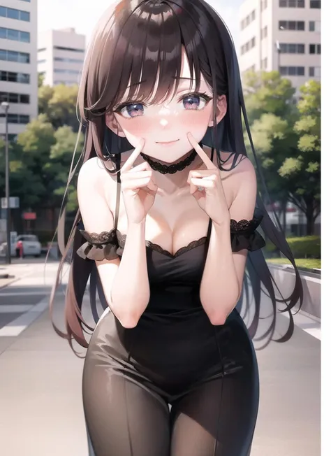fingersmile, finger to mouth, 1girl, long dress, cityscape, leaning forward, bangs, blush, <lora:fingersmile_v1.6:0.9>