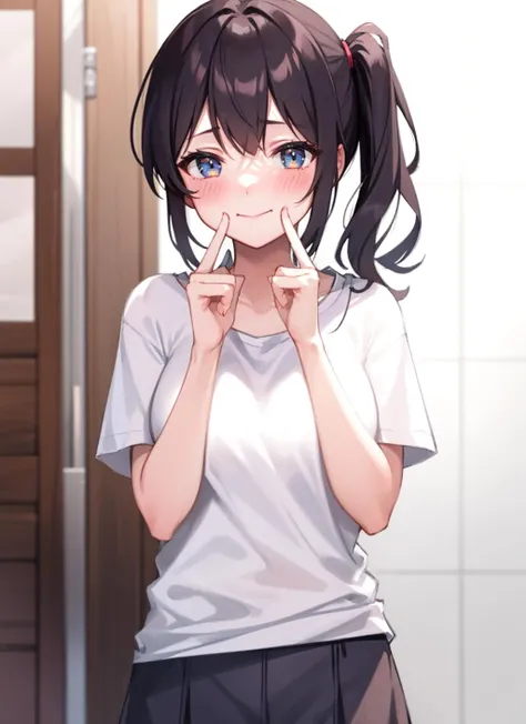 fingersmile, finger to mouth, 1girl, side ponytail, blush, white t-shirt, tucked-in, skirt, <lora:fingersmile_v1.6:0.9>