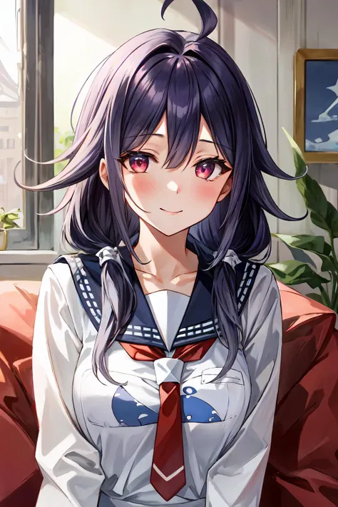 Anime girl with long black hair wearing a white shirt and red tie ...