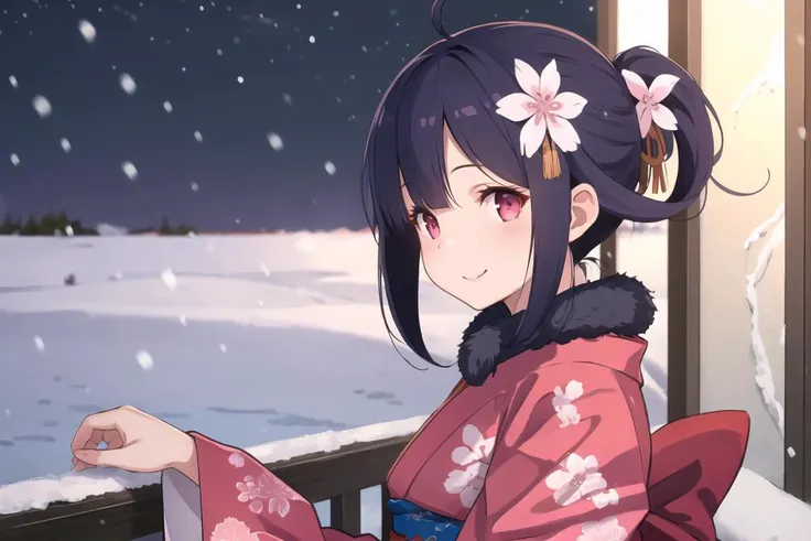 masterpiece, best quality,
1girl, solo,
(sky, night, snowing, winter, sea_view), looking away,
upper_body, view from side, smile,
<lora:Taigei-v1:1>TaigeiKC,
(wide sleeves) red kimono, fur trim, floral print, hair flower, sash, obi, tabi, (ponytail),
<lora:kujo_ichiso_5-NAI-08:0.5>