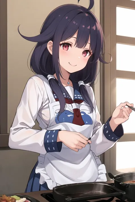 masterpiece, best quality,
1girl, solo,
(cooking), 
smile, upper_body,
<lora:Taigei:1>TaigeiKC, (long sleeves) serafuku, (red) neckerchief, (blue) sailor collar, (whale print) white apron, (blue pleated skirt), (black) pantyhose, magatama
<lora:kujo_ichiso_5-NAI-08:0.5>