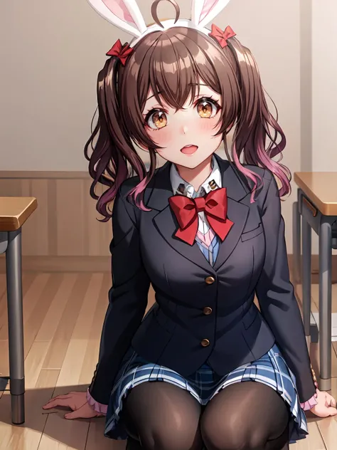 (extremely detailed CG), (best quality),(masterpiece) 1girl, perfect face, shiny skin, lustrous skin, wide hips,narrow waist, <lora:MuniDj-10:0.8> MuniDj,red bowtie,black jacket, collared shirt, purple hair,school uniform, bowtie, jacket, ahoge skirt, hair bow,frills bangs shirt, gradient hair, fake animal ears,rabbit ears, yellow eyes, twintails, multicolored hair,school uniform,full body,