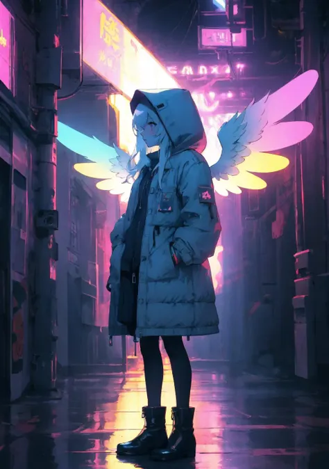 rainbow, 1girl, long hair, standing, jacket, full body, white hair, pantyhose, boots, wings, hood, black footwear, coat, halo, hooded jacket, hood up, angel wings, hand in pocket, angel, hooded coat, graffiti, neon lights, solo, <lora:rainbow_lora-06:1.5>