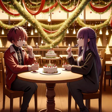 masterpiece, best quality, highres,
1girl fern, black jacket white dress,,Purple hair, 
1boy stark, red jacket open clothes black pants,red hair,
<lora:stark_fern_3:1>
BREAK <lora:aloneChristmas:0.4>,christmas,christmas lights,christmas ornaments,christmas tree,merry christmas,restaurant,sad,eating,cake,birthday cake,birthday party,holding spoon,sitting on chair,table,wide shot,full body,too many tables,too many chair,