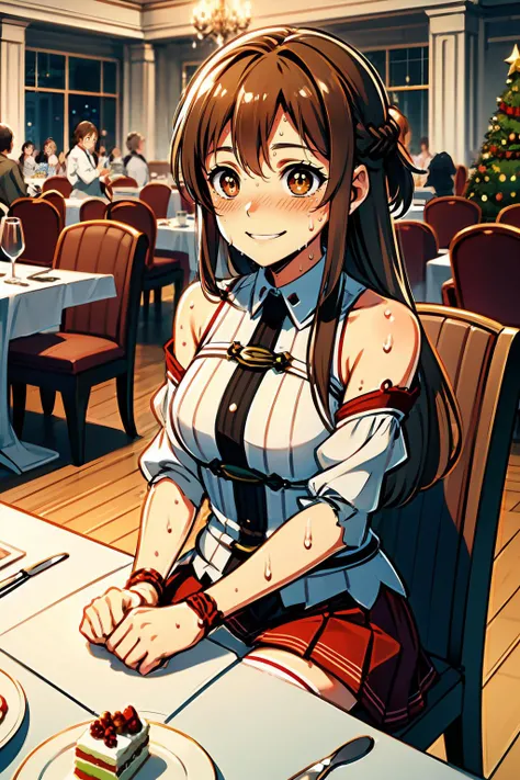 <lora:aloneChristmas:0.3> christmas, christmas lights, christmas ornaments, christmas tree, restaurant, cake, birthday cake, birthday party, sitting on chair, table, upper body, too many tables, too many chair,
<lora:asuna_(sao)_v1:0.75> aaasuna, long hair, brown hair, braid, brown eyes, bare shoulders, armor, breastplate, white sleeves, detached sleeves, red skirt, pleated skirt, white thighhighs, <lora:sweatyFace:0.4> sweatdrop, (((false smile, sweat, crazy smile, constricted pupils, upturned eyes, dripping))),, best quality, masterpiece, ultra high res, high detail,