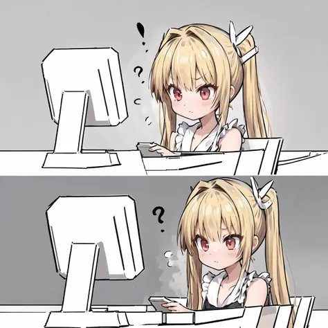 masterpiece, best quality,
1girl, solo, <lora:hiting-vpserena2:0.7>vpserena, shiny, blonde hair, twintails, red eyes
a 2koma of a girl sitting confused at a computer <lora:iamkonfus-aom2:1>