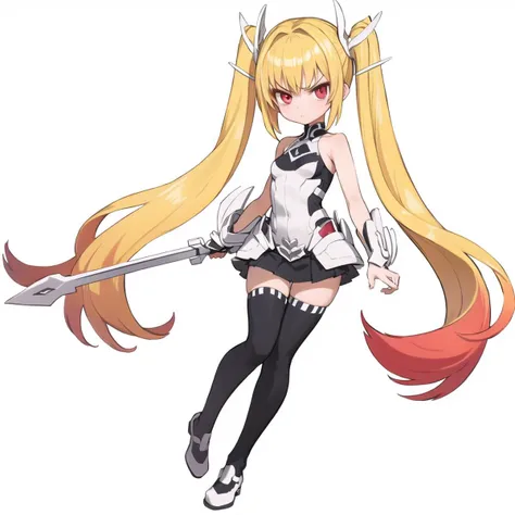 masterpiece, best quality,
1girl, solo, <lora:hiting-vpserena2:0.7>, masterpiece, best quality, (vpsarmor:1.2), black thighhighs, full body, shiny, blonde hair, twintails, serious, red eyes