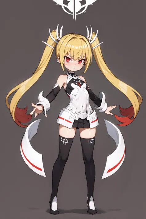 <lora:hiting-vpserena2:0.7>, masterpiece, best quality, (vpsarmor:1.2), black thighhighs, full body, shiny, blonde hair, twintails, serious, red eyes