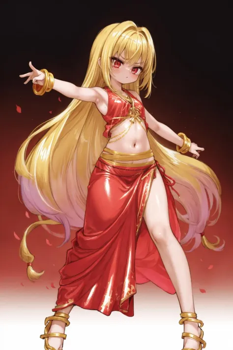 <lora:hiting-vpserena2:0.8>, masterpiece, best quality, (vpsdancer:1.2), see-through, dress, dynamic pose, full body, shiny, blonde hair, very long hair, serious red eyes