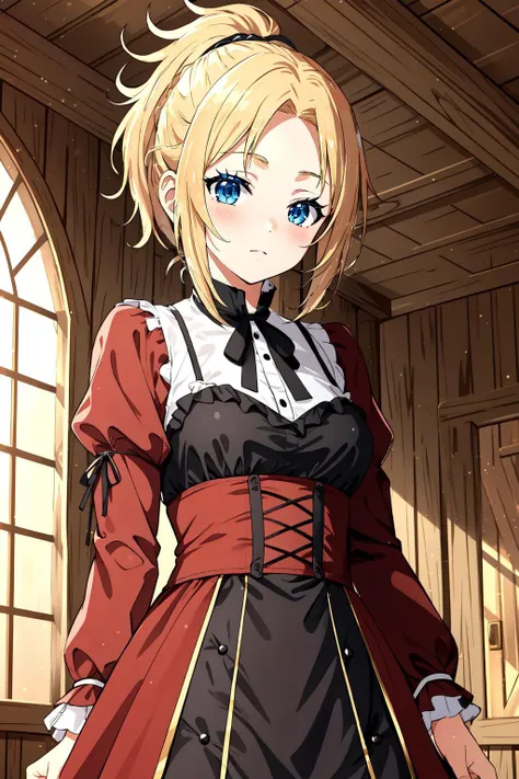 (masterpiece, best quality),  intricate details,
1girl,    <lora:Zenith_Greyrat__Mushoku_Tensei:0.8> zenith, blue eyes, blonde hair, , ponytail, short hair, parted bangs, 
indoors, fantasy house,  rustic,