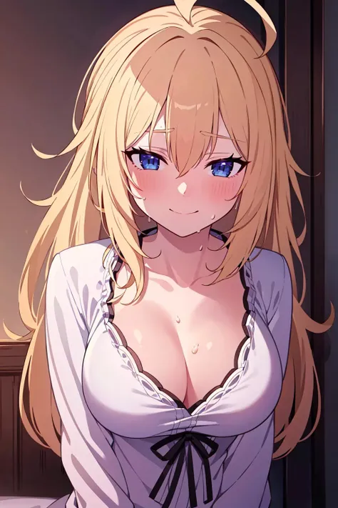 (extremely detailed CG unity 8k wallpaper),(masterpiece),(best quality),(ultra-detailed),(best illustration),(best shadow),(absurdres),   <lora:Zenith_Greyrat__Mushoku_Tensei:0.7>, zenith, 1girl, breasts, blonde hair, cleavage, ahoge, solo, long hair, smile, blush, looking at viewer, collarbone, upper body, sweat, large breasts, blue eyes, closed mouth, grey eyes, robe, bangs, sweatdrop, parted bangs, medium breasts, anime coloring, shiny, brown background, solo focus, bathrobe, 1boy, shiny hair