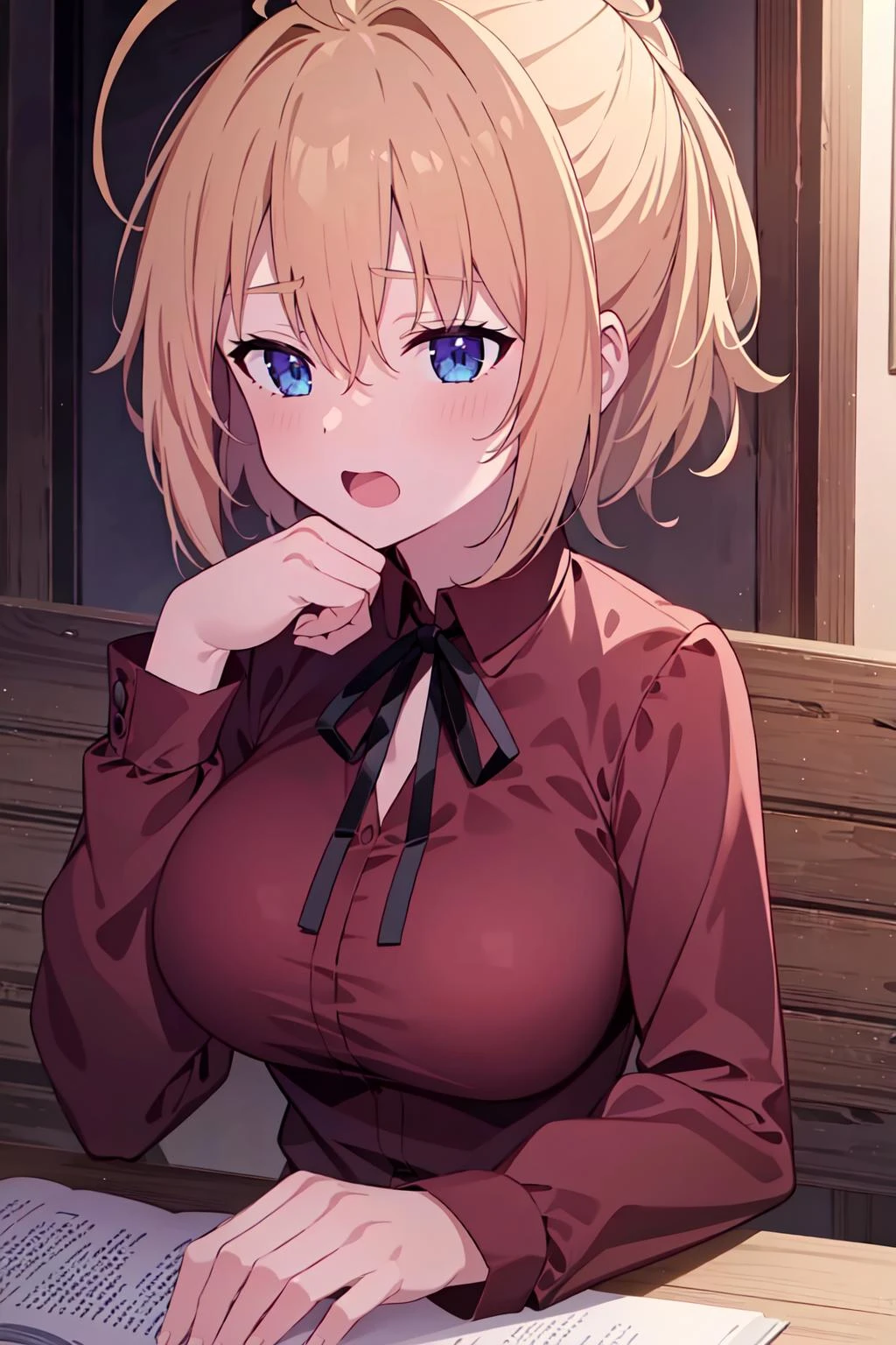 (extremely detailed CG unity 8k wallpaper),(masterpiece),(best quality),(ultra-detailed),(best illustration),(best shadow),(absurdres), <lora:Zenith_Greyrat__Mushoku_Tensei:0.7>, zenith, 1girl, solo, blonde hair, ponytail, open mouth, blue eyes, ahoge, anime coloring, ribbon, upper body, shirt, long hair, parody, long sleeves, neck ribbon, short hair, breasts, indoors, sitting, hand up, brown shirt, chair