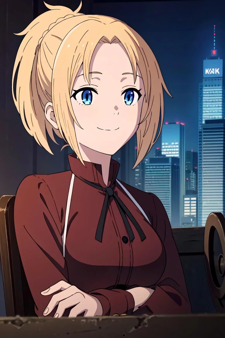 (extremely detailed CG unity 8k wallpaper),(masterpiece),(best quality),(ultra-detailed),(best illustration),(best shadow),(absurdres), 1girl, solo,sitting, cyberpunk cityscape,night city \(city\), stealth in the city,small breast, masterpiece, professional artwork, famous artwork, perfect face,perfect eyes, beautiful, <lora:Zenith_Greyrat:0.7>,zenith, 1girl, solo, blue eyes, blonde hair, anime coloring, ponytail, closed mouth, jacket, short hair, red jacket, smile,
