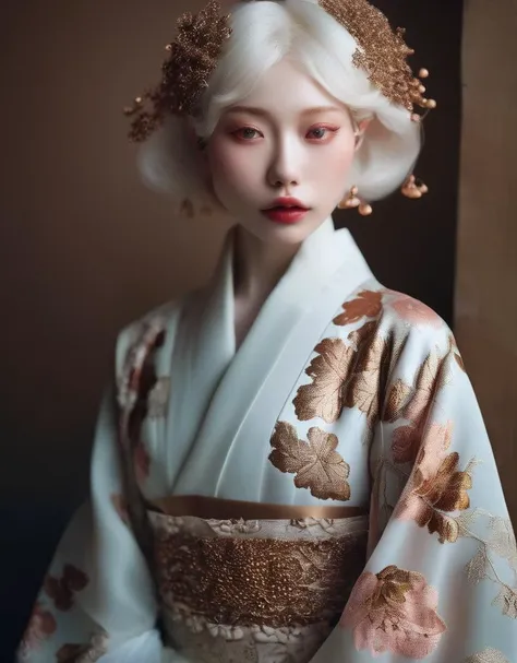 a commercial photo portrait of instagram model, the Ethereal Portraits, fashionable 2020's Japanese girl, detailed skin texture, 16yo girl, hyper real photo, , Albinism and Heterochromia by Bella Kotak, girly portrait in studio shoots, Albina Albina, Feminine portrait, bust-up shot, intricate fantasy dress,
taken by professional studio lighting, 150mm lens, PhaseOne, digital backs, medium format,
, 150mm portrait, photography, photo taken with a Hasselblad H4D, taken with PhaseOne IQ180, IQ160, IQ140, P65+, P45+, "digital back", extremely detailed, Leaf Aptus, perfect skin, detailed skin, hyper reality, perfect face,
(bronze:1.6) hair, (bronze:1.6) background, dress head completely covered with (bronze:1.6) flowers, (bronze:1.6) color filter,