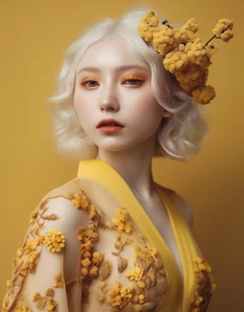 a woman with white hair and yellow flowers in her hair