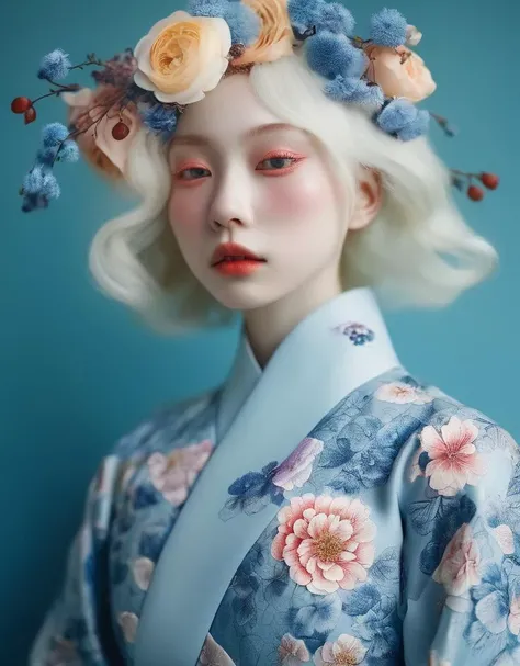a commercial photo portrait of instagram model, the Ethereal Portraits, fashionable 2020's Japanese girl, detailed skin texture, 16yo girl, hyper real photo, , Albinism and Heterochromia by Bella Kotak, girly portrait in studio shoots, Albina Albina, Feminine portrait, bust-up shot, intricate fantasy dress,
taken by professional studio lighting, 150mm lens, PhaseOne, digital backs, medium format,
, 150mm portrait, photography, photo taken with a Hasselblad H4D, taken with PhaseOne IQ180, IQ160, IQ140, P65+, P45+, "digital back", extremely detailed, Leaf Aptus, perfect skin, detailed skin, hyper reality, perfect face,
(iron blue:1.6) hair, (iron blue:1.6) background, dress head completely covered with (iron blue:1.6) flowers, (iron blue:1.6) color filter,