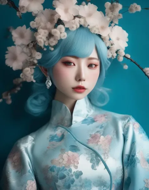 a commercial photo portrait of cosplay model, the Ethereal Portraits, fashionable 2020's Japanese cosplay girl, detailed skin texture, 16yo girl, hyper real photo, , Albinism and Heterochromia by Bella Kotak, girly portrait in studio shoots, Albina Albina, Feminine portrait, bust-up shot, intricate fantasy dress,
taken by professional studio lighting, 150mm lens, PhaseOne, digital backs, medium format,
, 150mm portrait, photography, photo taken with a Hasselblad H4D, taken with PhaseOne IQ180, IQ160, IQ140, P65+, P45+, "digital back", extremely detailed, Leaf Aptus, perfect skin, detailed skin, hyper reality, perfect face,
(oriental blue:1.6) hair, (oriental blue:1.6) background, dress head completely covered with (oriental blue:1.6) flowers, (oriental blue:1.6) color filter,