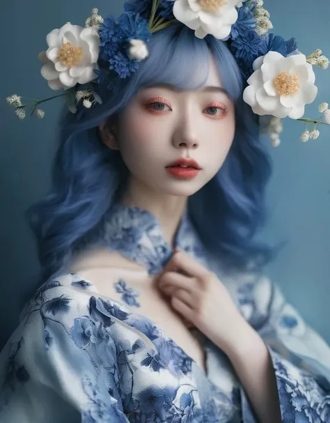 a woman with blue hair and flowers in her hair