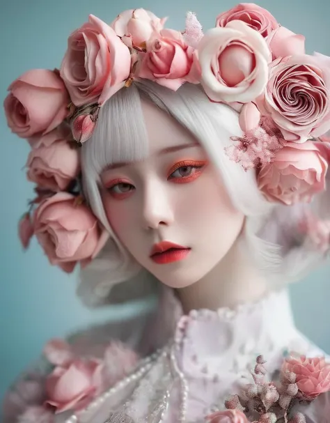 a close up of a doll with flowers in her hair