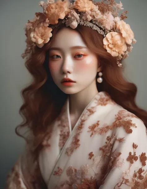 a commercial photo portrait of instagram model, the Ethereal Portraits, fashionable 2020's Japanese girl, detailed skin texture, 16yo girl, hyper real photo, , Albinism and Heterochromia by Bella Kotak, girly portrait in studio shoots, Albina Albina, Feminine portrait, bust-up shot, intricate fantasy dress,
taken by professional studio lighting, 150mm lens, PhaseOne, digital backs, medium format,
, 150mm portrait, photography, photo taken with a Hasselblad H4D, taken with PhaseOne IQ180, IQ160, IQ140, P65+, P45+, "digital back", extremely detailed, Leaf Aptus, perfect skin, detailed skin, hyper reality, perfect face,
(burnt umber:1.6) hair, (burnt umber:1.6) background, dress head completely covered with (burnt umber:1.6) flowers, (burnt umber:1.6) color filter,