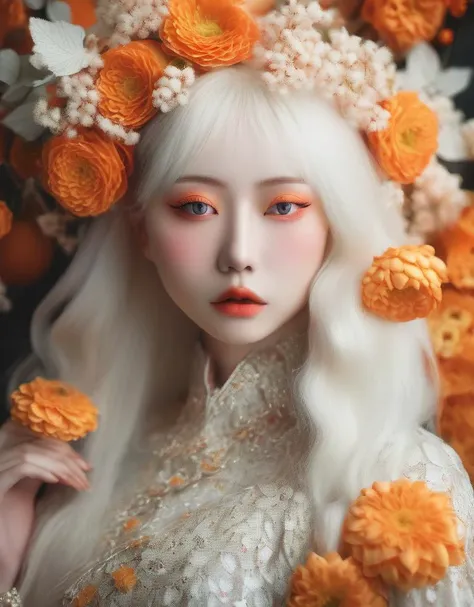 a commercial photo portrait of cosplay model, the Ethereal Portraits, fashionable 2020's Japanese cosplay girl, detailed skin texture, 16yo girl, hyper real photo, , Albinism and Heterochromia by Bella Kotak, girly portrait in studio shoots, Albina Albina, Feminine portrait, bust-up shot, intricate fantasy dress,
taken by professional studio lighting, 150mm lens, PhaseOne, digital backs, medium format,
, 150mm portrait, photography, photo taken with a Hasselblad H4D, taken with PhaseOne IQ180, IQ160, IQ140, P65+, P45+, "digital back", extremely detailed, Leaf Aptus, perfect skin, detailed skin, hyper reality, perfect face,
(orange:1.6) hair, (orange:1.6) background, dress head completely covered with (orange:1.6) flowers, (orange:1.6) color filter,