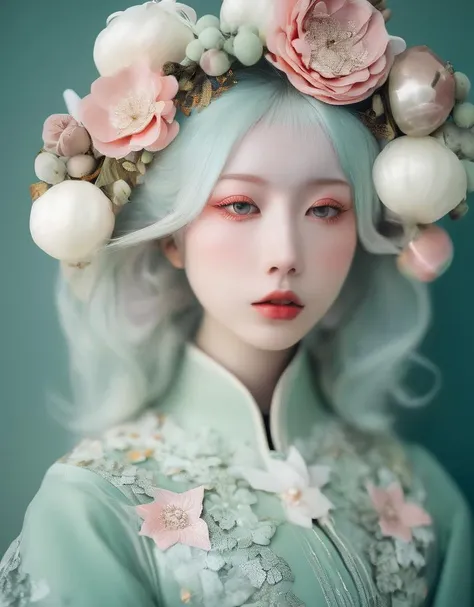 a commercial photo portrait of cosplay model, the Ethereal Portraits, fashionable 2020's Japanese cosplay girl, detailed skin texture, 16yo girl, hyper real photo, , Albinism and Heterochromia by Bella Kotak, girly portrait in studio shoots, Albina Albina, Feminine portrait, bust-up shot, intricate fantasy dress,
taken by professional studio lighting, 150mm lens, PhaseOne, digital backs, medium format,
, 150mm portrait, photography, photo taken with a Hasselblad H4D, taken with PhaseOne IQ180, IQ160, IQ140, P65+, P45+, "digital back", extremely detailed, Leaf Aptus, perfect skin, detailed skin, hyper reality, perfect face,
(celadon:1.6) hair, (celadon:1.6) background, dress head completely covered with (celadon:1.6) flowers, (celadon:1.6) color filter,