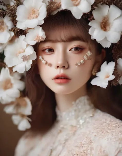 a woman with flowers in her hair and a white dress