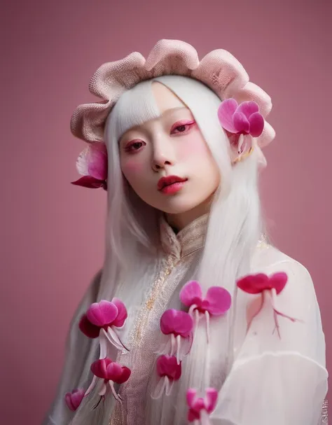 a woman with white hair and pink flowers in her hair