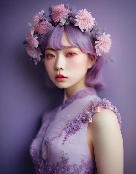 a commercial photo portrait of instagram model, the Ethereal Portraits, fashionable 2020's Japanese girl, detailed skin texture, yo girl, hyper real photo, , Albinism and Heterochromia by Bella Kotak, girly portrait in studio shoots, Albina Albina, Feminine portrait, bust-up shot, intricate fantasy dress,
taken by professional studio lighting, 150mm lens, PhaseOne, digital backs, medium format,
, 150mm portrait, photography, photo taken with a Hasselblad H4D, taken with PhaseOne IQ180, IQ160, IQ140, P65+, P45+, "digital back", extremely detailed, Leaf Aptus, perfect skin, detailed skin, hyper reality, perfect face,
(purple:1.6) hair, (purple:1.6) background, dress head completely covered with (purple:1.6) flowers, (purple:1.6) color filter,