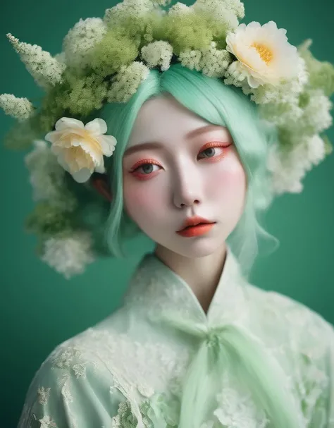 a commercial photo portrait of cosplay model, the Ethereal Portraits, fashionable 2020's Japanese cosplay girl, detailed skin texture, 16yo girl, hyper real photo, , Albinism and Heterochromia by Bella Kotak, girly portrait in studio shoots, Albina Albina, Feminine portrait, bust-up shot, intricate fantasy dress,
taken by professional studio lighting, 150mm lens, PhaseOne, digital backs, medium format,
, 150mm portrait, photography, photo taken with a Hasselblad H4D, taken with PhaseOne IQ180, IQ160, IQ140, P65+, P45+, "digital back", extremely detailed, Leaf Aptus, perfect skin, detailed skin, hyper reality, perfect face,
(spring green:1.6) hair, (spring green:1.6) background, dress head completely covered with (spring green:1.6) flowers, (spring green:1.6) color filter,