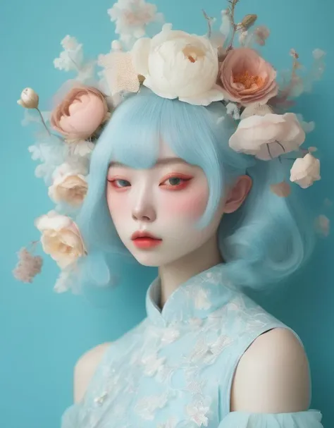 a commercial photo portrait of concept art, by hsiao - ron cheng, bizarre compositions,  the Ethereal Portraits, fashionable 2020's Japanese girl, detailed skin texture, 16yo girl, hyper real photo, , Albinism and Heterochromia by Bella Kotak, girly portrait in studio shoots, Albina Albina, Feminine portrait, bust-up shot, intricate fantasy OOTD, Harajuku Girls' Fashion, intricate, ornate, pattern blend of flowers and girl
taken by professional studio lighting, 150mm lens, PhaseOne, digital backs, medium format,
, 150mm portrait, photography, photo taken with a Hasselblad H4D, taken with PhaseOne IQ180, IQ160, IQ140, P65+, P45+, "digital back", extremely detailed, Leaf Aptus, perfect skin, detailed skin, hyper reality, perfect face,
(sky blue:1.6) hair, (sky blue:1.6) background, wearing magical Girl Costumes (sky blue:1.6) head completely covered withflowers covering eyes, pastel colors,  (sky blue:1.6) color filter,