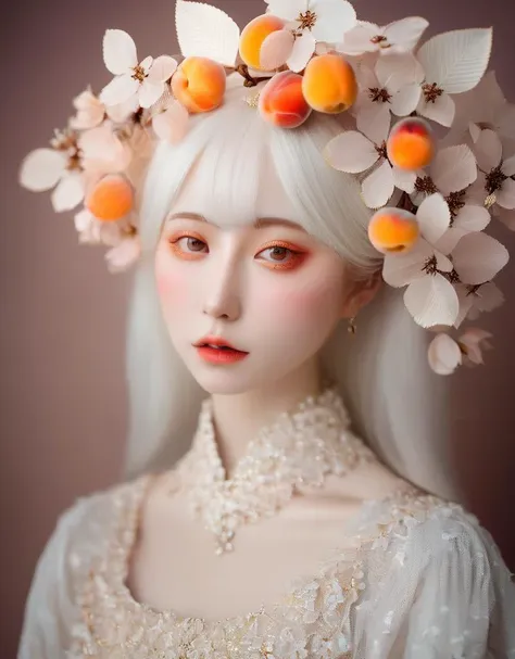 a commercial photo portrait of cosplay model, the Ethereal Portraits, fashionable 2020's Japanese cosplay girl, detailed skin texture, 16yo girl, hyper real photo, , Albinism and Heterochromia by Bella Kotak, girly portrait in studio shoots, Albina Albina, Feminine portrait, bust-up shot, intricate fantasy dress,
taken by professional studio lighting, 150mm lens, PhaseOne, digital backs, medium format,
, 150mm portrait, photography, photo taken with a Hasselblad H4D, taken with PhaseOne IQ180, IQ160, IQ140, P65+, P45+, "digital back", extremely detailed, Leaf Aptus, perfect skin, detailed skin, hyper reality, perfect face,
(apricot:1.6) hair, (apricot:1.6) background, dress head completely covered with (apricot:1.6) flowers, (apricot:1.6) color filter,