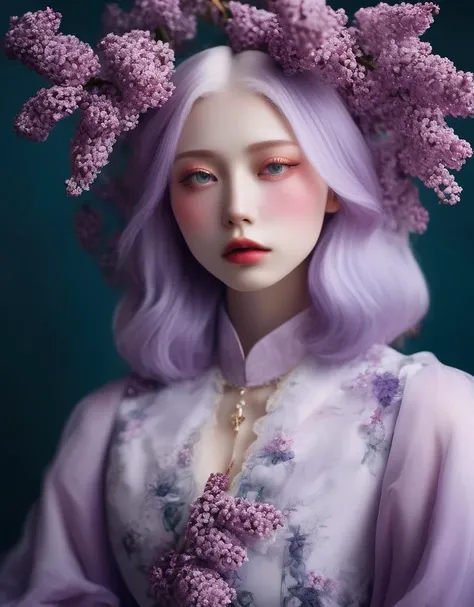 a commercial photo portrait of cosplay model, the Ethereal Portraits, fashionable 2020's Japanese cosplay girl, detailed skin texture, 16yo girl, hyper real photo, , Albinism and Heterochromia by Bella Kotak, girly portrait in studio shoots, Albina Albina, Feminine portrait, bust-up shot, intricate fantasy dress,
taken by professional studio lighting, 150mm lens, PhaseOne, digital backs, medium format,
, 150mm portrait, photography, photo taken with a Hasselblad H4D, taken with PhaseOne IQ180, IQ160, IQ140, P65+, P45+, "digital back", extremely detailed, Leaf Aptus, perfect skin, detailed skin, hyper reality, perfect face,
(lilac:1.6) hair, (lilac:1.6) background, dress head completely covered with (lilac:1.6) flowers, (lilac:1.6) color filter,