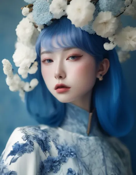 a commercial photo portrait of instagram model, the Ethereal Portraits, fashionable 2020's Japanese girl, detailed skin texture, 16yo girl, hyper real photo, , Albinism and Heterochromia by Bella Kotak, girly portrait in studio shoots, Albina Albina, Feminine portrait, bust-up shot, intricate fantasy dress,
taken by professional studio lighting, 150mm lens, PhaseOne, digital backs, medium format,
, 150mm portrait, photography, photo taken with a Hasselblad H4D, taken with PhaseOne IQ180, IQ160, IQ140, P65+, P45+, "digital back", extremely detailed, Leaf Aptus, perfect skin, detailed skin, hyper reality, perfect face,
(cobalt blue:1.6) hair, (cobalt blue:1.6) background, dress head completely covered with (cobalt blue:1.6) flowers, (cobalt blue:1.6) color filter,