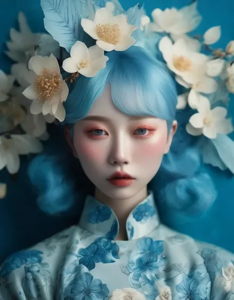 a commercial photo portrait of instagram model, the Ethereal Portraits, fashionable 2020's Japanese girl, detailed skin texture, 16yo girl, hyper real photo, , Albinism and Heterochromia by Bella Kotak, girly portrait in studio shoots, Albina Albina, Feminine portrait, bust-up shot, intricate fantasy dress,
taken by professional studio lighting, 150mm lens, PhaseOne, digital backs, medium format,
, 150mm portrait, photography, photo taken with a Hasselblad H4D, taken with PhaseOne IQ180, IQ160, IQ140, P65+, P45+, "digital back", extremely detailed, Leaf Aptus, perfect skin, detailed skin, hyper reality, perfect face,
(cerulean blue:1.6) hair, (cerulean blue:1.6) background, dress head completely covered with (cerulean blue:1.6) flowers, (cerulean blue:1.6) color filter,