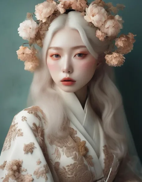 a commercial photo portrait of instagram model, the Ethereal Portraits, fashionable 2020's Japanese girl, detailed skin texture, 16yo girl, hyper real photo, , Albinism and Heterochromia by Bella Kotak, girly portrait in studio shoots, Albina Albina, Feminine portrait, bust-up shot, intricate fantasy dress,
taken by professional studio lighting, 150mm lens, PhaseOne, digital backs, medium format,
, 150mm portrait, photography, photo taken with a Hasselblad H4D, taken with PhaseOne IQ180, IQ160, IQ140, P65+, P45+, "digital back", extremely detailed, Leaf Aptus, perfect skin, detailed skin, hyper reality, perfect face,
(raw umber:1.6) hair, (raw umber:1.6) background, dress head completely covered with (raw umber:1.6) flowers, (raw umber:1.6) color filter,