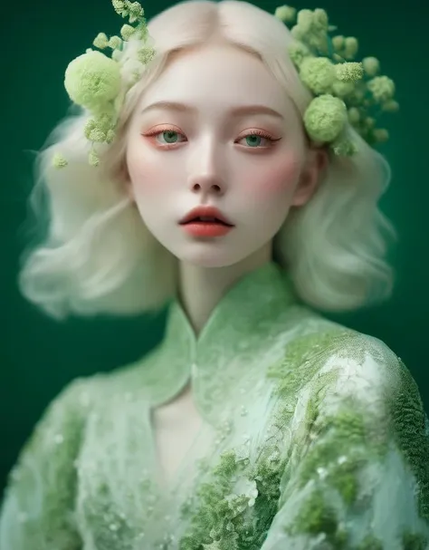 a commercial photo portrait of instagram model, the Ethereal Portraits, fashionable 2020's Japanese girl, detailed skin texture, yo girl, hyper real photo, , Albinism and Heterochromia by Bella Kotak, girly portrait in studio shoots, Albina Albina, Feminine portrait, bust-up shot, intricate fantasy dress,
taken by professional studio lighting, 150mm lens, PhaseOne, digital backs, medium format,
, 150mm portrait, photography, photo taken with a Hasselblad H4D, taken with PhaseOne IQ180, IQ160, IQ140, P65+, P45+, "digital back", extremely detailed, Leaf Aptus, perfect skin, detailed skin, hyper reality, perfect face,
(ever green:1.6) hair, (ever green:1.6) background, dress head completely covered with (ever green:1.6) flowers, (ever green:1.6) color filter,