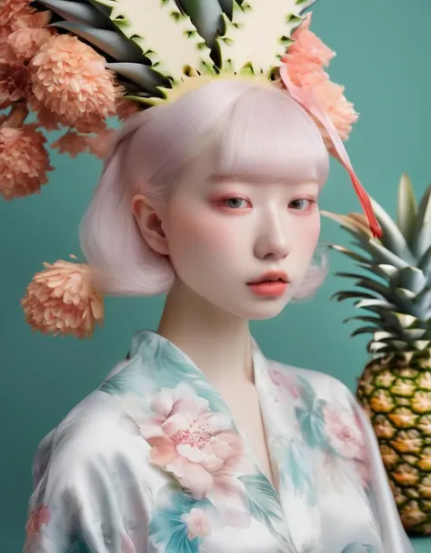 a commercial photo portrait of concept art, by hsiao - ron cheng, bizarre compositions,  the Ethereal Portraits, fashionable 2020's Japanese girl, detailed skin texture,  girl, hyper real photo, , Albinism and Heterochromia by Bella Kotak, girly portrait in studio shoots, Albina Albina, Feminine portrait, bust-up shot, intricate fantasy OOTD, Harajuku Girls' Fashion, intricate, ornate, pattern blend of flowers and girl, (pineapple print:1.3)
taken by professional studio lighting, 150mm lens, PhaseOne, digital backs, medium format,
, 150mm portrait, photography, photo taken with a Hasselblad H4D, taken with PhaseOne IQ180, IQ160, IQ140, P65+, P45+, "digital back", extremely detailed, Leaf Aptus, perfect skin, detailed skin, hyper reality, perfect face,