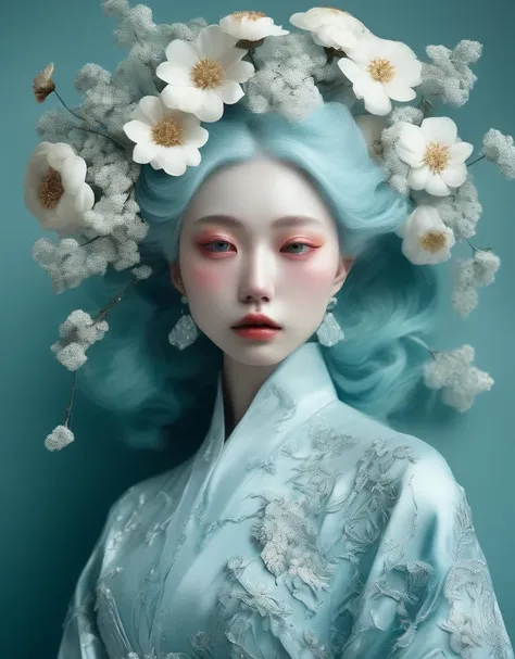 a commercial photo portrait of instagram model, the Ethereal Portraits, fashionable 2020's Japanese girl, detailed skin texture, 16yo girl, hyper real photo, , Albinism and Heterochromia by Bella Kotak, girly portrait in studio shoots, Albina Albina, Feminine portrait, bust-up shot, intricate fantasy dress,
taken by professional studio lighting, 150mm lens, PhaseOne, digital backs, medium format,
, 150mm portrait, photography, photo taken with a Hasselblad H4D, taken with PhaseOne IQ180, IQ160, IQ140, P65+, P45+, "digital back", extremely detailed, Leaf Aptus, perfect skin, detailed skin, hyper reality, perfect face,
(aquamarine:1.6) hair, (aquamarine:1.6) background, dress head completely covered with (aquamarine:1.6) flowers, (aquamarine:1.6) color filter,