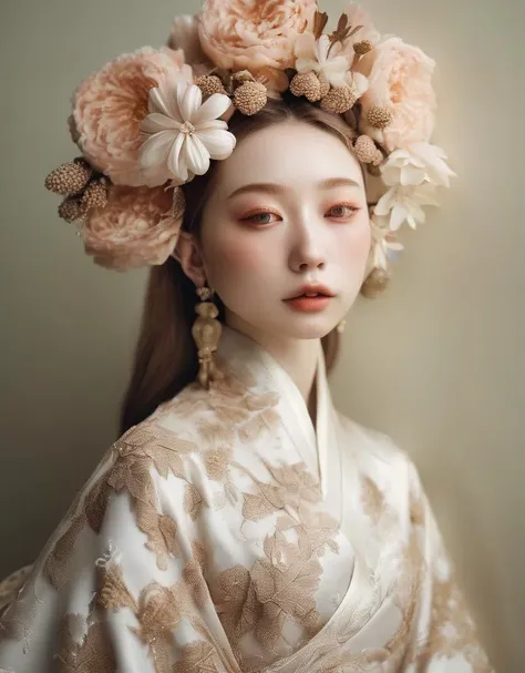 a woman wearing a white and gold kimono with flowers in her hair