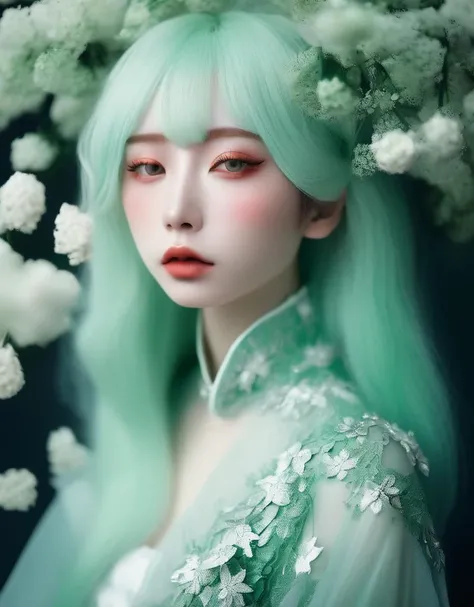 a commercial photo portrait of cosplay model, the Ethereal Portraits, fashionable 2020's Japanese cosplay girl, detailed skin texture, 16yo girl, hyper real photo, , Albinism and Heterochromia by Bella Kotak, girly portrait in studio shoots, Albina Albina, Feminine portrait, bust-up shot, intricate fantasy dress,
taken by professional studio lighting, 150mm lens, PhaseOne, digital backs, medium format,
, 150mm portrait, photography, photo taken with a Hasselblad H4D, taken with PhaseOne IQ180, IQ160, IQ140, P65+, P45+, "digital back", extremely detailed, Leaf Aptus, perfect skin, detailed skin, hyper reality, perfect face,
(opal green:1.6) hair, (opal green:1.6) background, dress head completely covered with (opal green:1.6) flowers, (opal green:1.6) color filter,