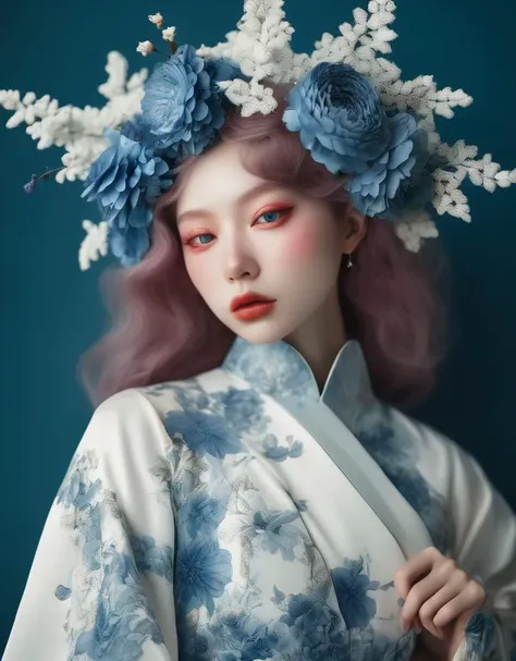 a commercial photo portrait of instagram model, the Ethereal Portraits, fashionable 2020's Japanese girl, detailed skin texture, 16yo girl, hyper real photo, , Albinism and Heterochromia by Bella Kotak, girly portrait in studio shoots, Albina Albina, Feminine portrait, bust-up shot, intricate fantasy dress,
taken by professional studio lighting, 150mm lens, PhaseOne, digital backs, medium format,
, 150mm portrait, photography, photo taken with a Hasselblad H4D, taken with PhaseOne IQ180, IQ160, IQ140, P65+, P45+, "digital back", extremely detailed, Leaf Aptus, perfect skin, detailed skin, hyper reality, perfect face,
(prussian blue:1.6) hair, (prussian blue:1.6) background, dress head completely covered with (prussian blue:1.6) flowers, (prussian blue:1.6) color filter,