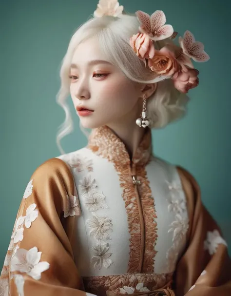 a commercial photo portrait of instagram model, the Ethereal Portraits, fashionable 2020's Japanese girl, detailed skin texture, 16yo girl, hyper real photo, , Albinism and Heterochromia by Bella Kotak, girly portrait in studio shoots, Albina Albina, Feminine portrait, bust-up shot, intricate fantasy dress,
taken by professional studio lighting, 150mm lens, PhaseOne, digital backs, medium format,
, 150mm portrait, photography, photo taken with a Hasselblad H4D, taken with PhaseOne IQ180, IQ160, IQ140, P65+, P45+, "digital back", extremely detailed, Leaf Aptus, perfect skin, detailed skin, hyper reality, perfect face,
(caramel:1.6) hair, (caramel:1.6) background, dress head completely covered with (caramel:1.6) flowers, (caramel:1.6) color filter,