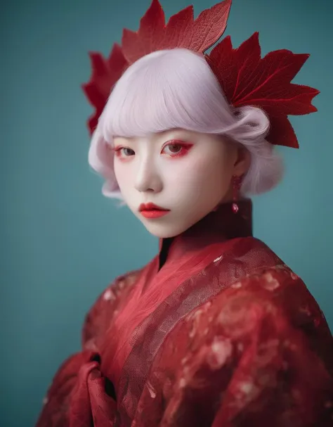 a commercial photo portrait of harajuku fashion model,harajuku, the Ethereal Portraits, fashionable 2020's Japanese girl, detailed skin texture, 16yo girl, hyper real photo, , Albinism and Heterochromia by Bella Kotak, girly portrait in studio shoots, Albina Albina, Feminine portrait, bust-up shot, intricate fantasy OOTD, Harajuku Girls' Fashion,
taken by professional studio lighting, 150mm lens, PhaseOne, digital backs, medium format,
, 150mm portrait, photography, photo taken with a Hasselblad H4D, taken with PhaseOne IQ180, IQ160, IQ140, P65+, P45+, "digital back", extremely detailed, Leaf Aptus, perfect skin, detailed skin, hyper reality, perfect face,
(ruby red:1.6) hair, (ruby red:1.6) background, dress head completely covered with (ruby red:1.6) tree, (ruby red:1.6) color filter,