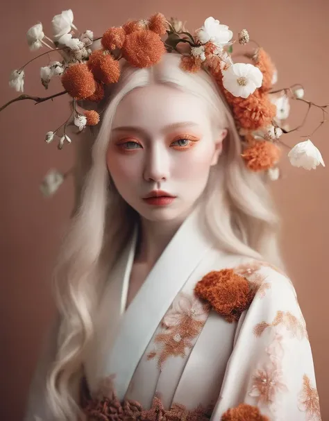 a commercial photo portrait of instagram model, the Ethereal Portraits, fashionable 2020's Japanese girl, detailed skin texture, 16yo girl, hyper real photo, , Albinism and Heterochromia by Bella Kotak, girly portrait in studio shoots, Albina Albina, Feminine portrait, bust-up shot, intricate fantasy dress,
taken by professional studio lighting, 150mm lens, PhaseOne, digital backs, medium format,
, 150mm portrait, photography, photo taken with a Hasselblad H4D, taken with PhaseOne IQ180, IQ160, IQ140, P65+, P45+, "digital back", extremely detailed, Leaf Aptus, perfect skin, detailed skin, hyper reality, perfect face,
(burnt sienna:1.6) hair, (burnt sienna:1.6) background, dress head completely covered with (burnt sienna:1.6) flowers, (burnt sienna:1.6) color filter,