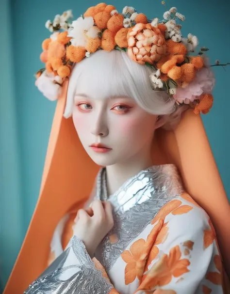 a commercial photo portrait of cosplay model, the Ethereal Portraits, fashionable 2020's Japanese cosplay girl, detailed skin texture, 16yo girl, hyper real photo, , Albinism and Heterochromia by Bella Kotak, girly portrait in studio shoots, Albina Albina, Feminine portrait, bust-up shot, intricate fantasy dress,
taken by professional studio lighting, 150mm lens, PhaseOne, digital backs, medium format,
, 150mm portrait, photography, photo taken with a Hasselblad H4D, taken with PhaseOne IQ180, IQ160, IQ140, P65+, P45+, "digital back", extremely detailed, Leaf Aptus, perfect skin, detailed skin, hyper reality, perfect face,
(chrome orange:1.6) hair, (chrome orange:1.6) background, dress head completely covered with (chrome orange:1.6) flowers, (chrome orange:1.6) color filter,