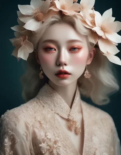 a commercial photo portrait of instagram model, the Ethereal Portraits, fashionable 2020's Japanese girl, detailed skin texture, 16yo girl, hyper real photo, , Albinism and Heterochromia by Bella Kotak, girly portrait in studio shoots, Albina Albina, Feminine portrait, bust-up shot, intricate fantasy dress,
taken by professional studio lighting, 150mm lens, PhaseOne, digital backs, medium format,
, 150mm portrait, photography, photo taken with a Hasselblad H4D, taken with PhaseOne IQ180, IQ160, IQ140, P65+, P45+, "digital back", extremely detailed, Leaf Aptus, perfect skin, detailed skin, hyper reality, perfect face,
(champagne:1.6) hair, (champagne:1.6) background, dress head completely covered with (champagne:1.6) flowers, (champagne:1.6) color filter,